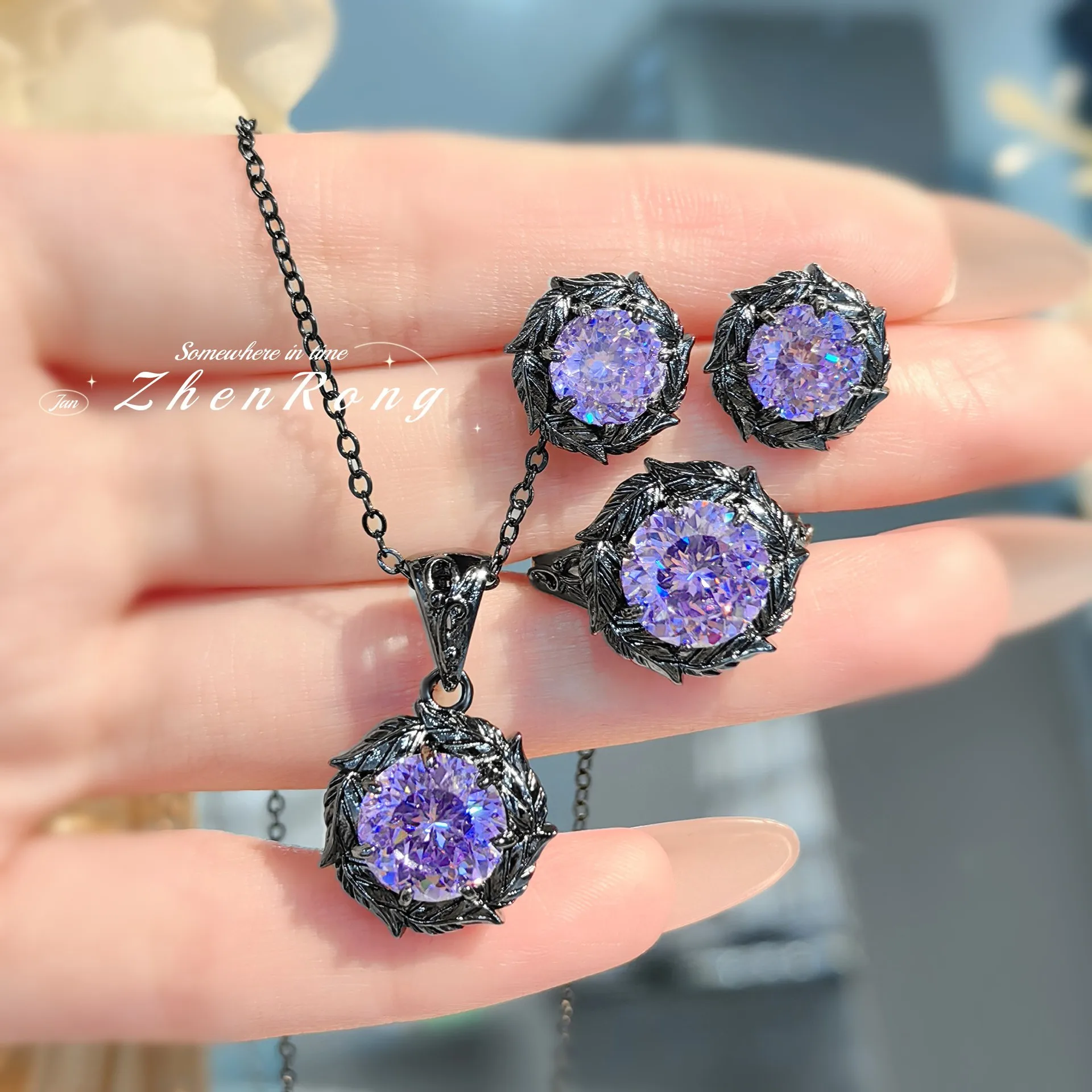 S925 Sterling Silver Ring Stud Earrings Necklace Light Luxury Rose Pendant Purple High Carbon Diamond Morganite Treasure Set