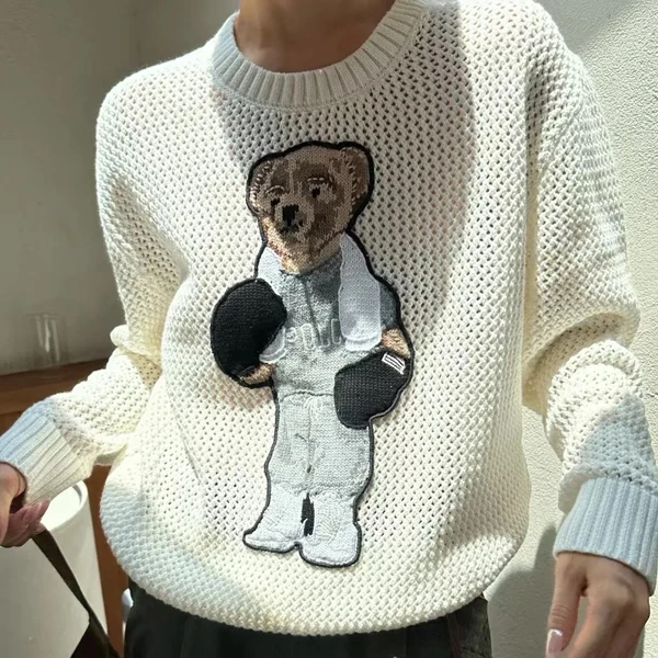 

Briti Sle Свободный крой из чистого хлопка Long Sve круглый вязаный свитер с мультяшной вышивкой медведя Осень-зима Wo...