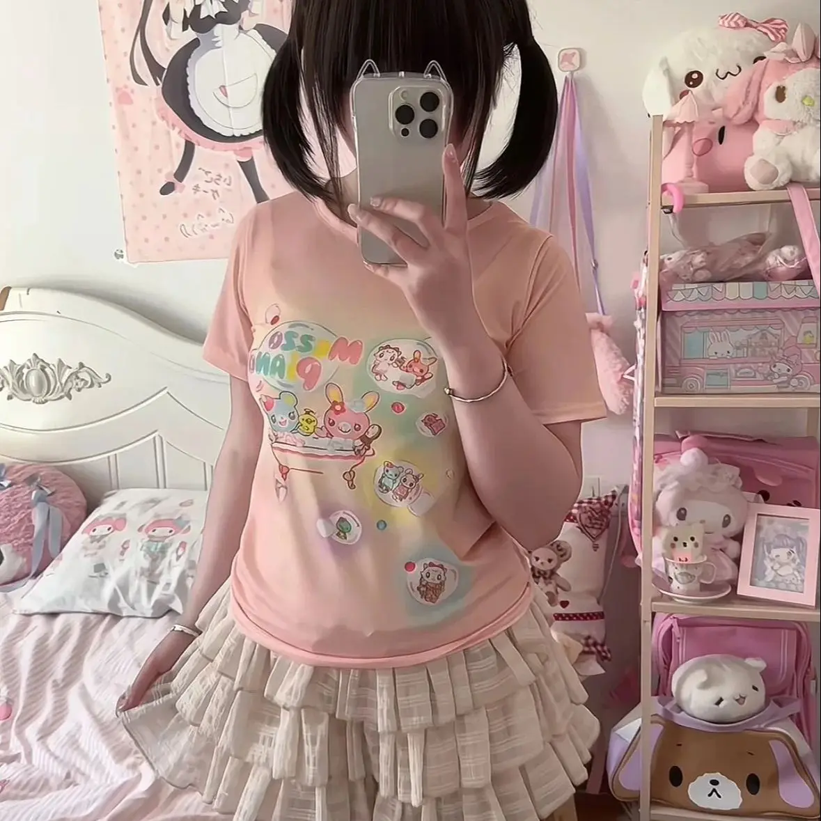 

Kimotimo Japan Style Lolita Cartoon Printed Short Sleeve T-shirt Women Summer Vintage Round Neck Slim Crop Top Y2k Aesthetic Tee