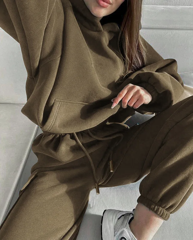 

Fashionable Women's Trouser Suit Solid Color Autumn Winter Loose Sports Suit Long-sleeved Pullover Top Trousers Two-piece Set