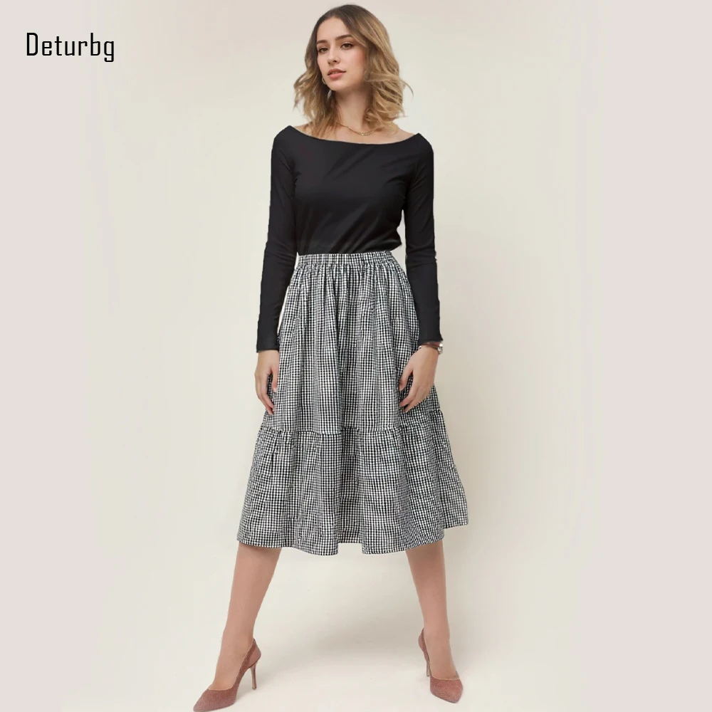 

2025 Новая клетчатая юбка-миди трапециевидной формы в стиле преппи с высокой талией, клетчатые юбки в школьном стиле с боковыми карманами на подкладке для женщин, осень K436