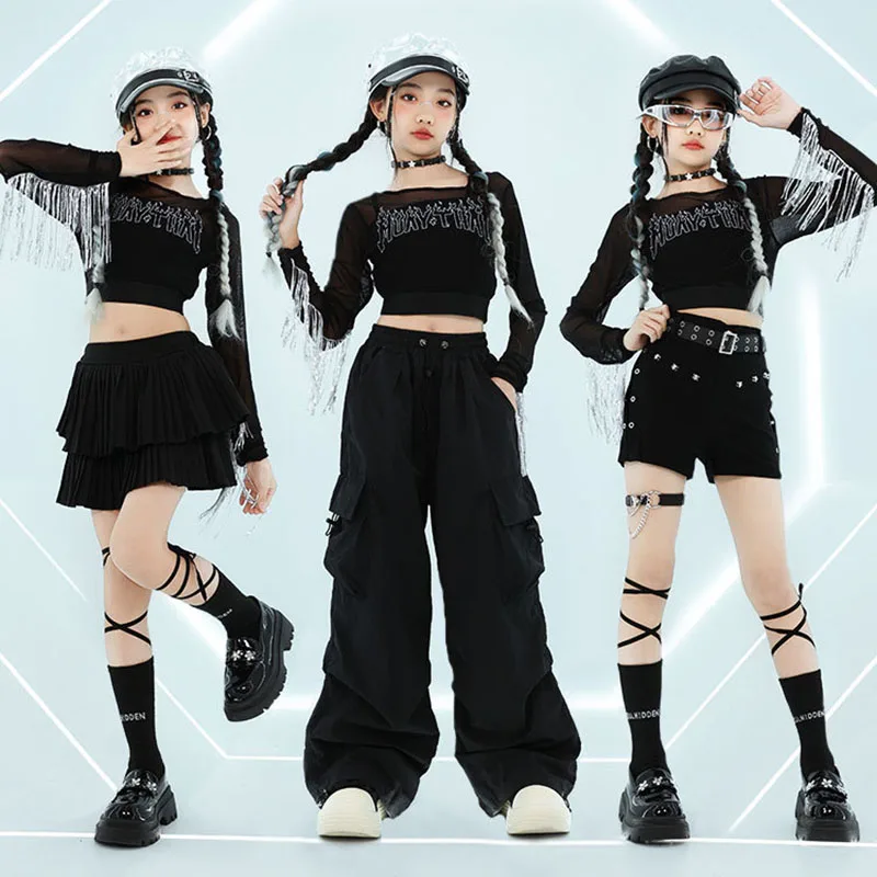 Kid Hip Hop Clothing Black Fringe Mesh Crop T Shirt Casual Cargo Pants Pleated Layered Skirt for Girl Jazz Dance Costume Clothes