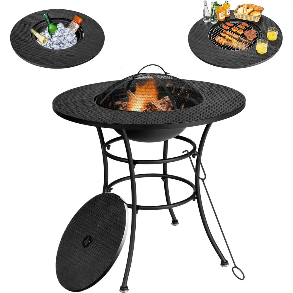 

32 Inch Outdoor Fire Pit Dining Table, 4-in-1 Round Wood-Burning Fire Pit, Patio Steel Fire Pit for BBQ, Bonfire, Camping, with