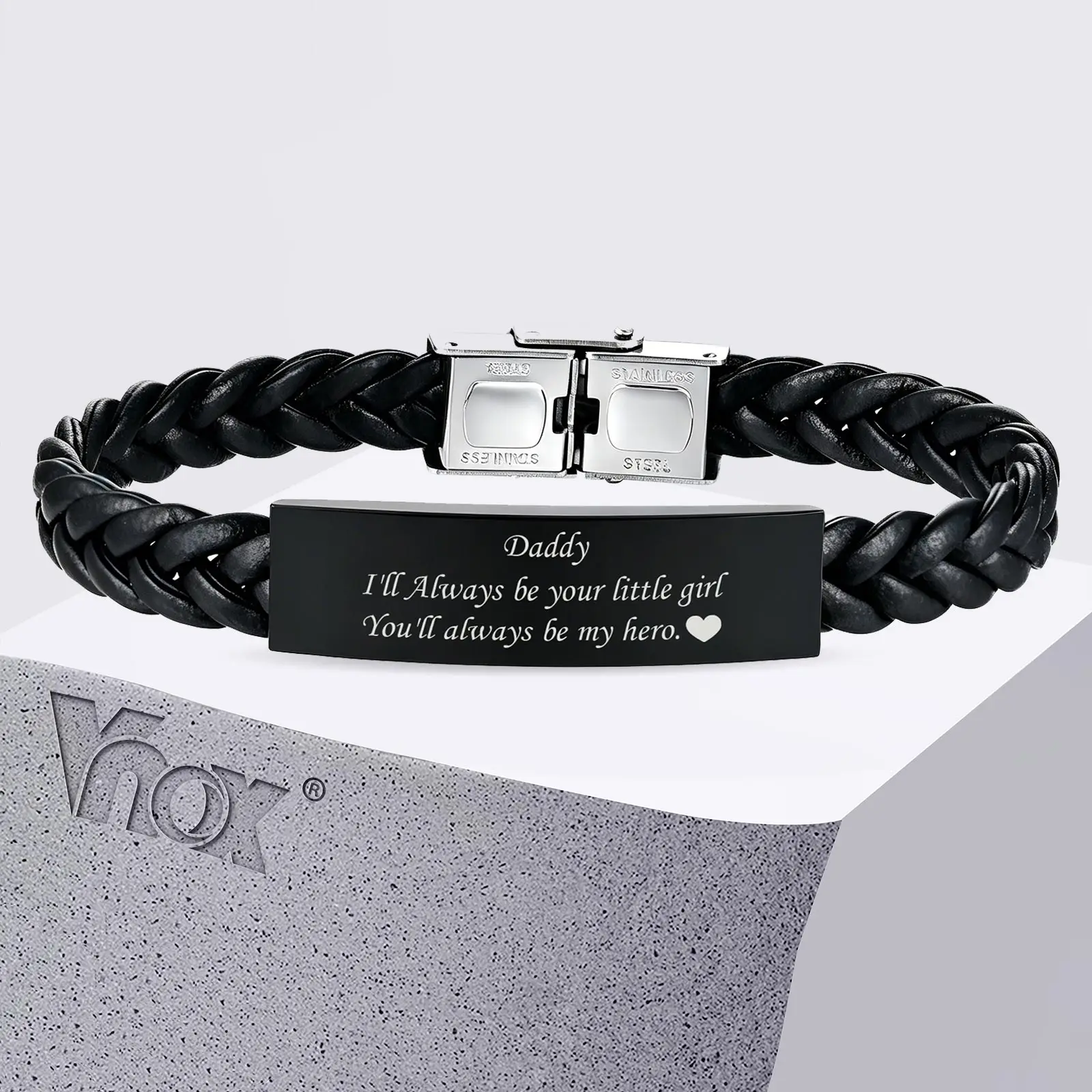 Vnox Black Braided Leather Bracelet for Men, Engraved Daddy Stainless Steel Bangle, Fathers Day Present Gifts from Daughter Son