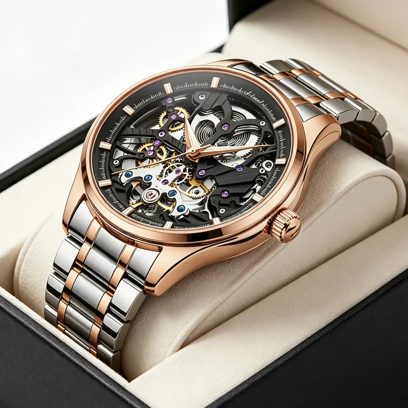 

Skeleton Design Watches Rose Gold Case Male Automatic Mechanical Watch Stainless Steel Band Watch Relogio