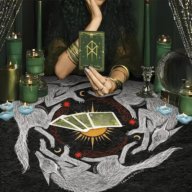 VIKAMA Sun Moon Three Wolves Tarot Altar Cloth Dark Style Ritual Tablecloth Witchcraft Meditation Mat Tarot Reading Cloth Energy