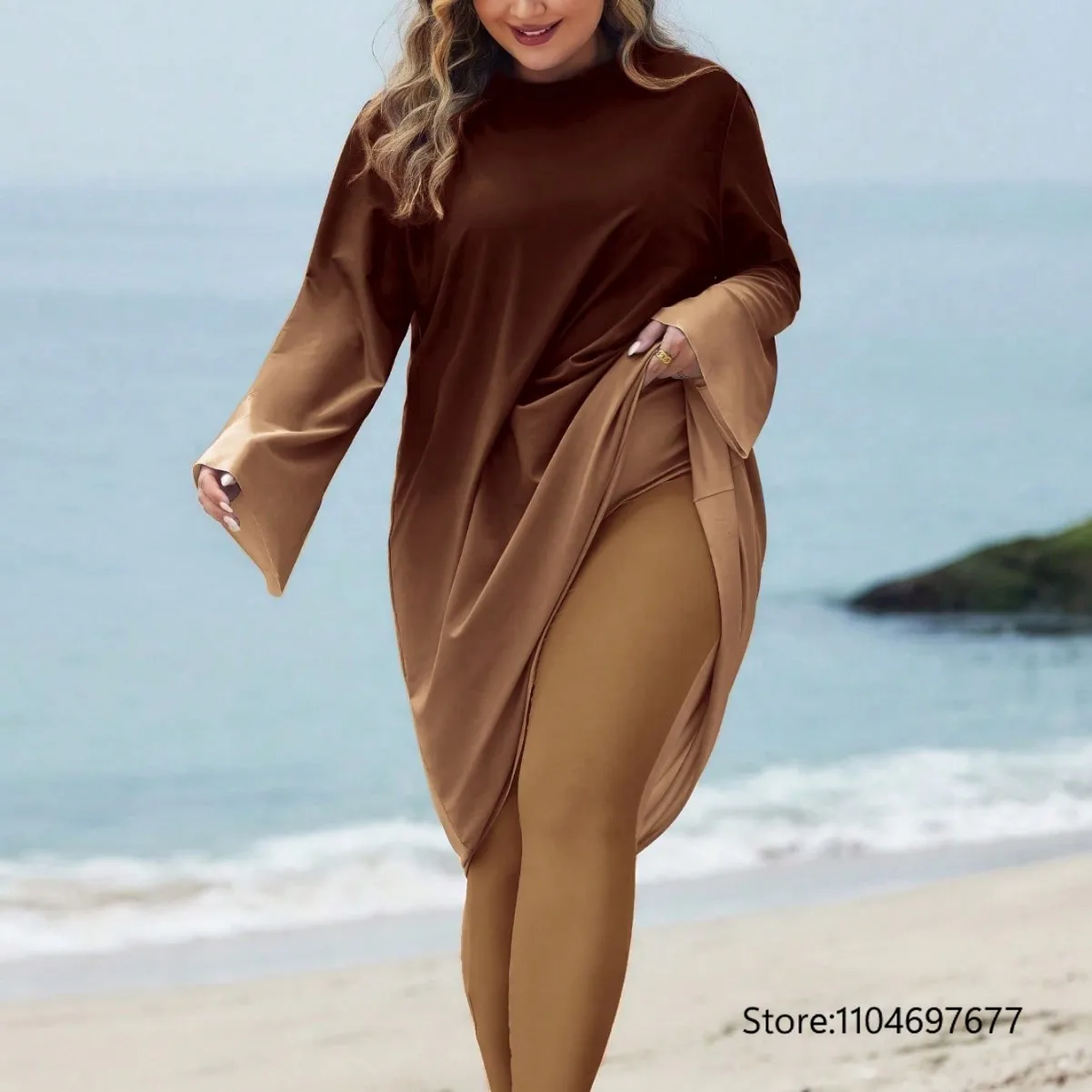 L-4XL 3pcs Modest swimwear Luxry Brown Loose Swimsuit for Curvy Women Gradient Brown long sleeved Robe and Two-piece swimwear