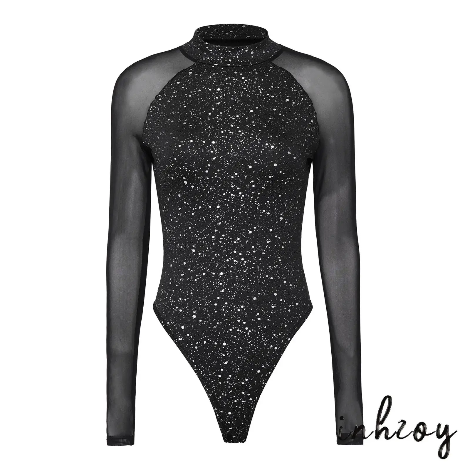 

Womens Ballet Dance Bodysuit Shiny Stretchy Sheer Mesh Long Sleeve Mock Neck Button Crotch Leotard for Gymnastics Dance Fitness