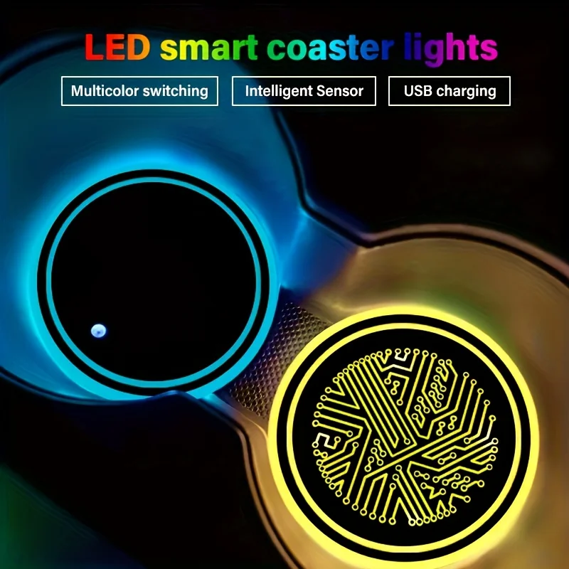 2pcs 7Color USB Charging Mat LED Car Cup Holder Light, Thermos Cup Pad With Lights, Drink Coasters, Water Coasters, Car Water