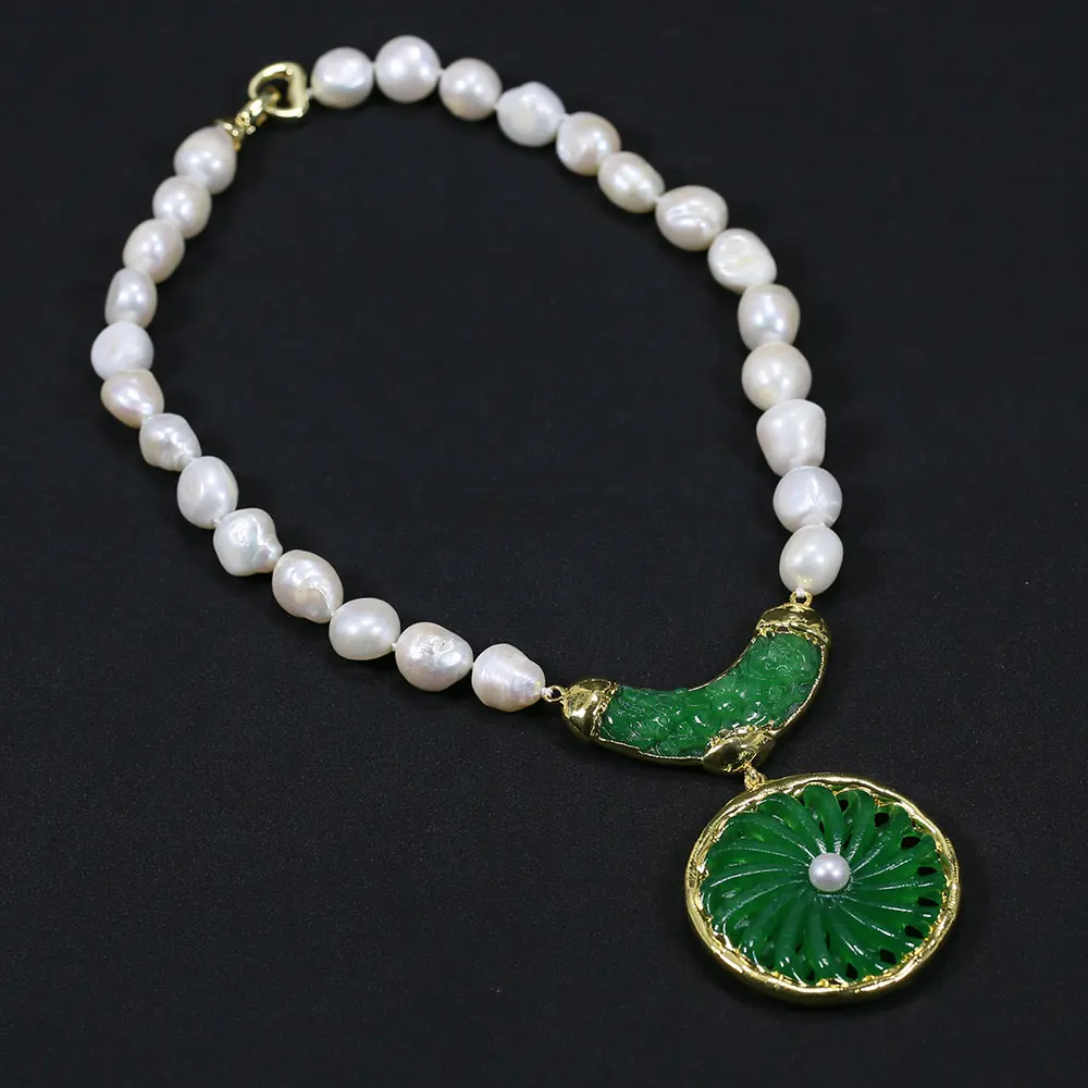 

GuaiGuai Jewelry Cultured White Keshi Pearl Necklace Green Jades Connector Flower Pendant Gold Color Charms For Women Gifts