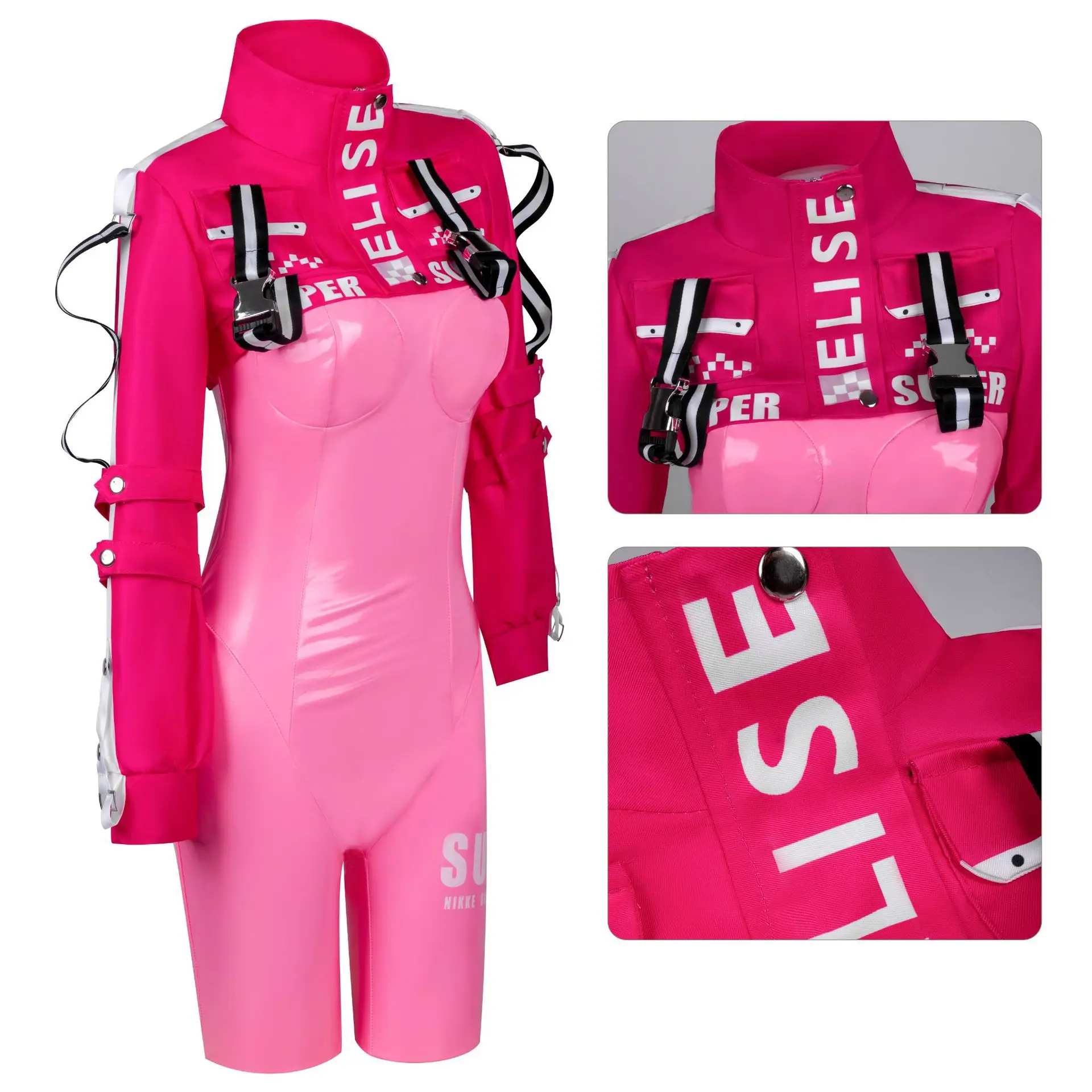Victory Goddess cosplay complete outfit including leather jumpsuit, jacket, wig, and bunny ear accessories, suitable for Hallowe - view 2