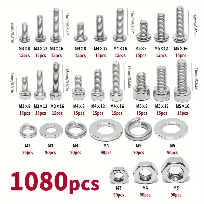 1080pcs Nuts And Bolts Assortment Kit - M3 M4 M5 M6 Screw Set - Button Head & Socket Head Metric Screws - 304 Stainless Steel