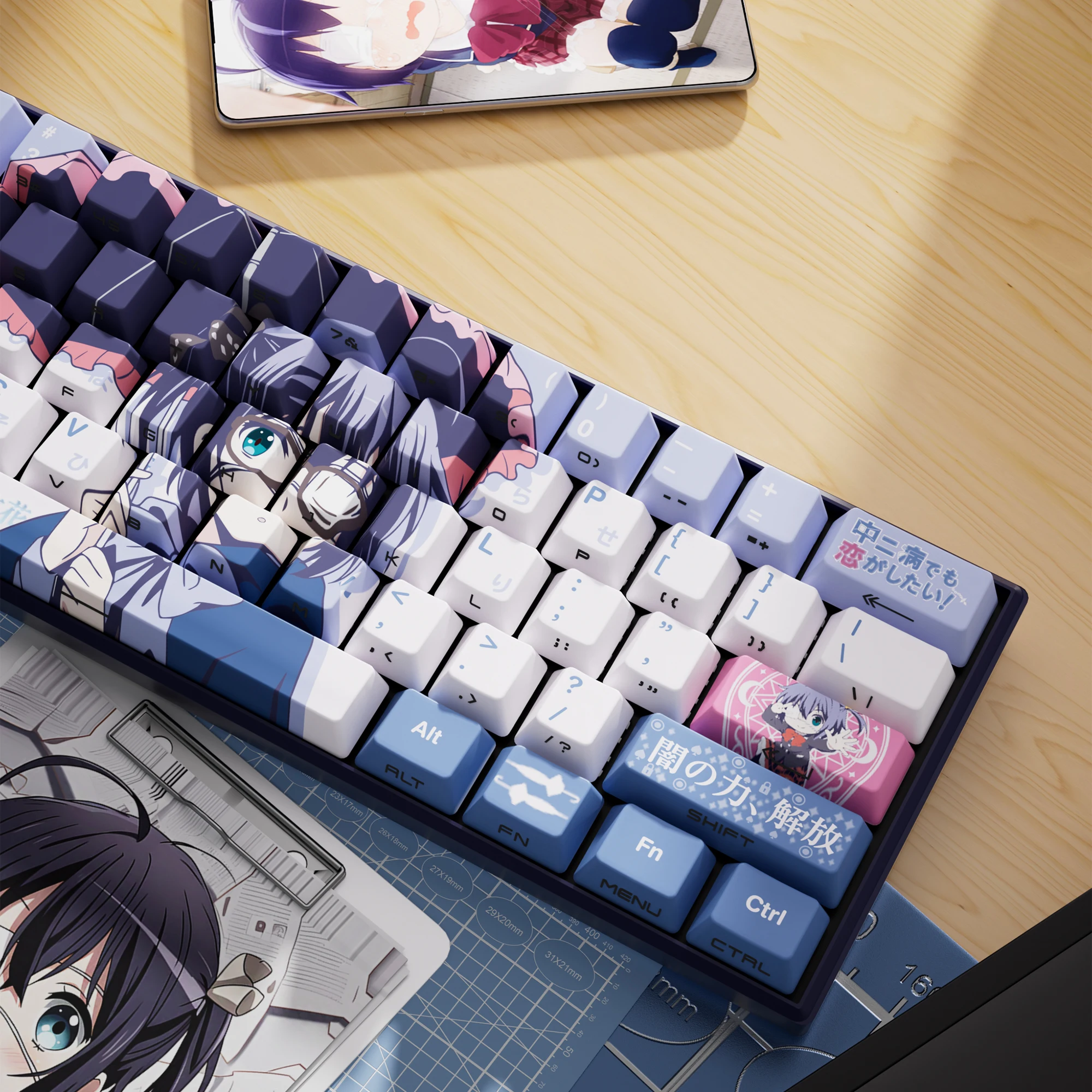 129 Kes Takanashi Rikka Translucent Keycaps Anime Side Print Keycaps PBT Dye-Sub Cherry for Mechanical Keyboard Wooting 60 65 68