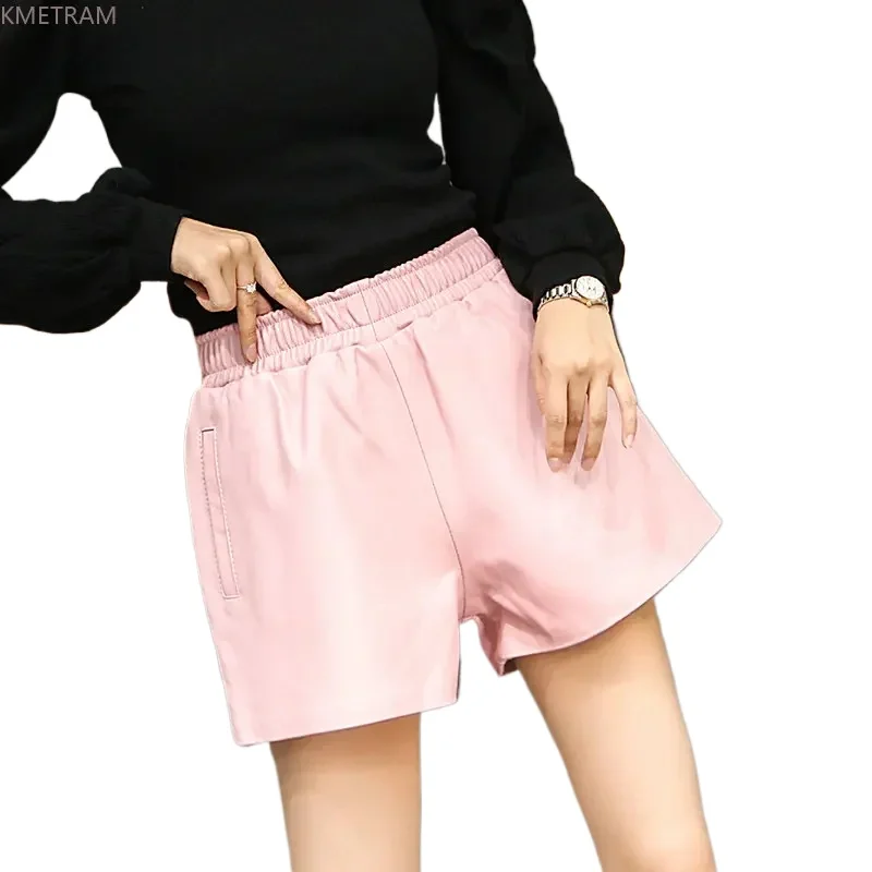 

Genuine Sheepskin Leather Shorts Women Elastic Waist Wide Leg Short Pants for Women's Clothing Korean Fashion Short Outwears SGG