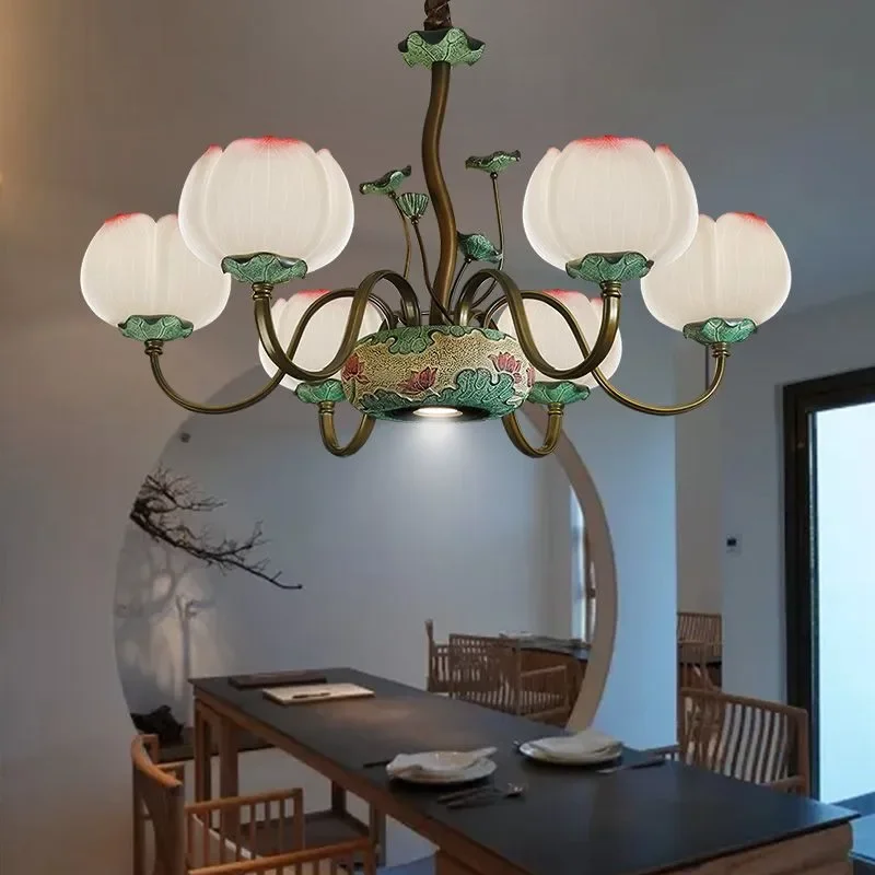 APRIL Contemporary Lotus Pendent Lamp Retro Creativity LED Living Room Restaurant Bedroom Study Villa HotelTearoom Chandelier