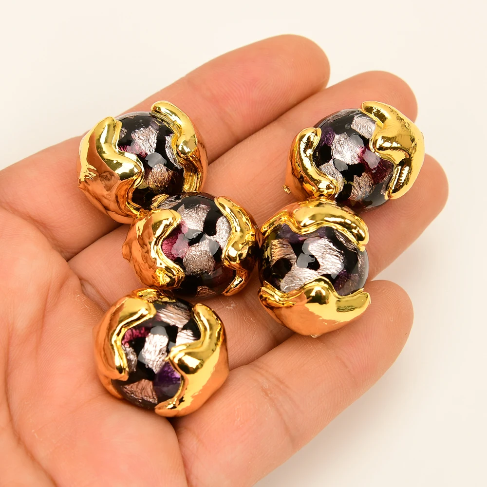 APDGG Wholesale 5 Pcs Purple Murano Glass Gold Plated Spacer Beads Female Accessory Findings Jewelry Making DIY