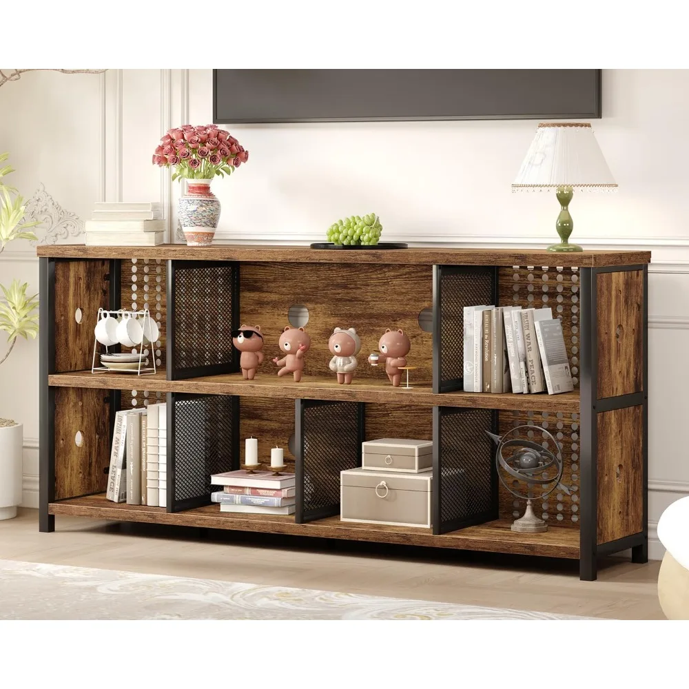 

Horizontal Bookshelf, Industrial Bookcase Cube Storage Organizer, Wide Large Metal Wooden Office Cube Shelf