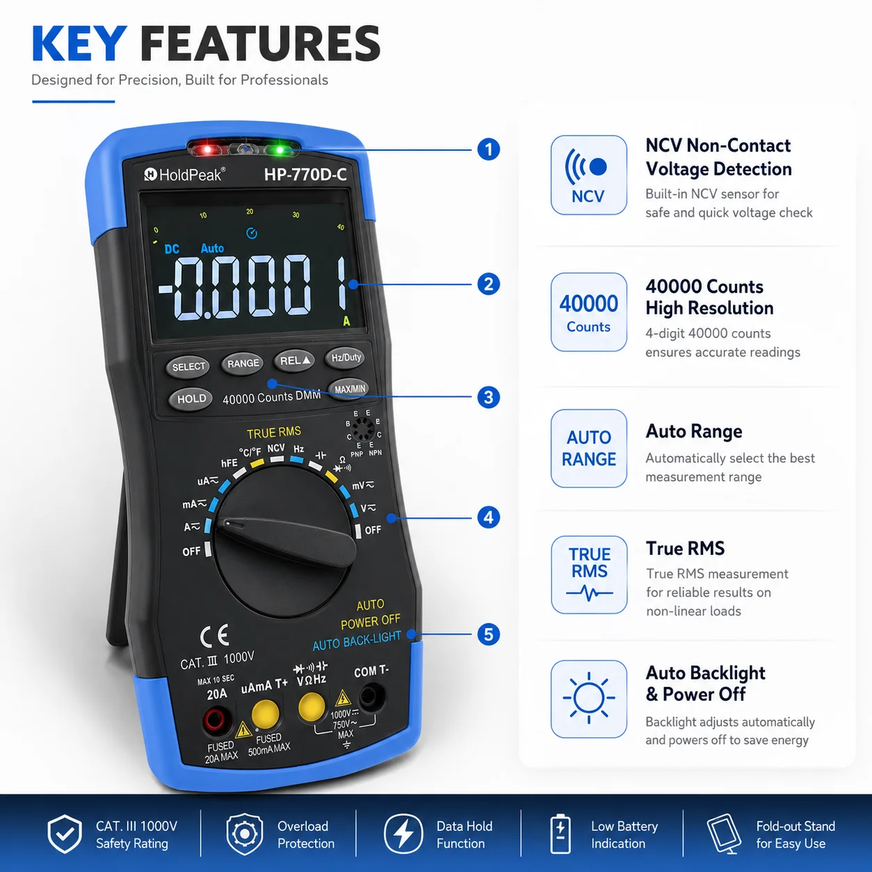 HP-770D-C LCD Digital Multimeter - True RMS Auto Range for AC/DC Voltage, Ohm, Amp & Capacitor (40,000 Counts)