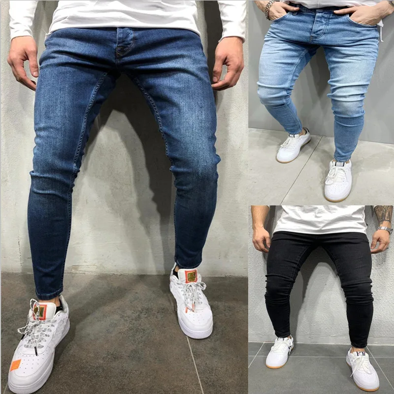 European and American Mens Jeans Stretch Tight-fitting Solid Color Denim Pants Spring and Autumn Full Length Trousers