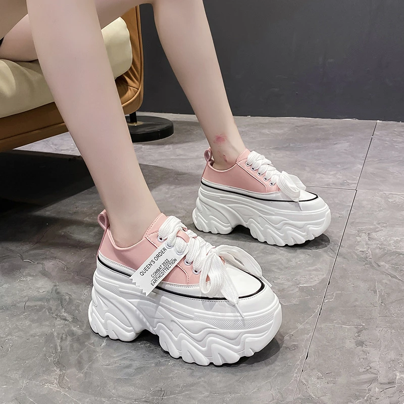 New 2024 Women Hidden Heels Sneakers 8CM High Platform Wedges Sneakers Autumn Chunky Leather Shoes Woman Lace Up Dad White Shoes