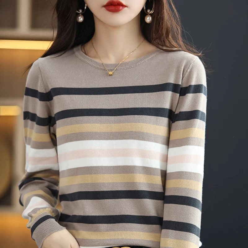 Pure Cotton Striped Knitwear Women\'s Round Neck Pullover Sweater Casual Fashion Needle Cotton Sweater Long Sleeve Spring Autumn