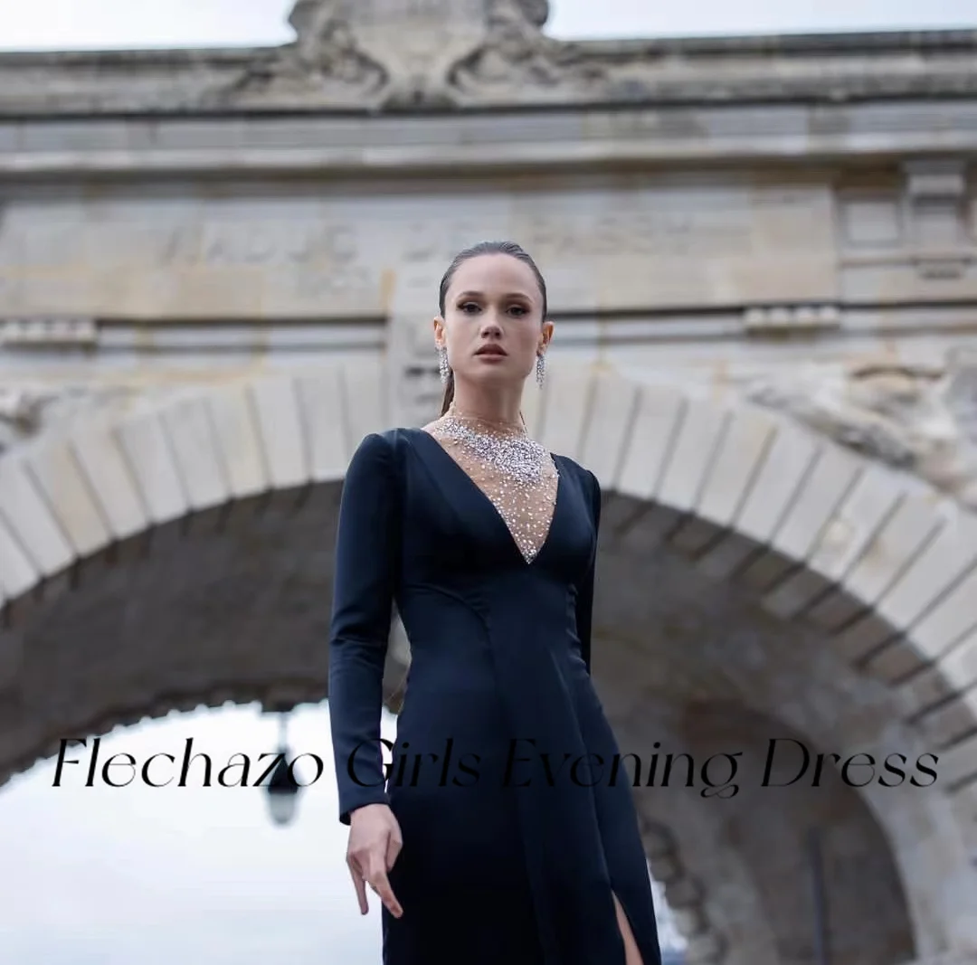 فساتين سهرة سوداء للنساء ، خرزات برقبة عالية ، أكمام كاملة كريستالية ، فستان حفلات مثير بفتحة #3