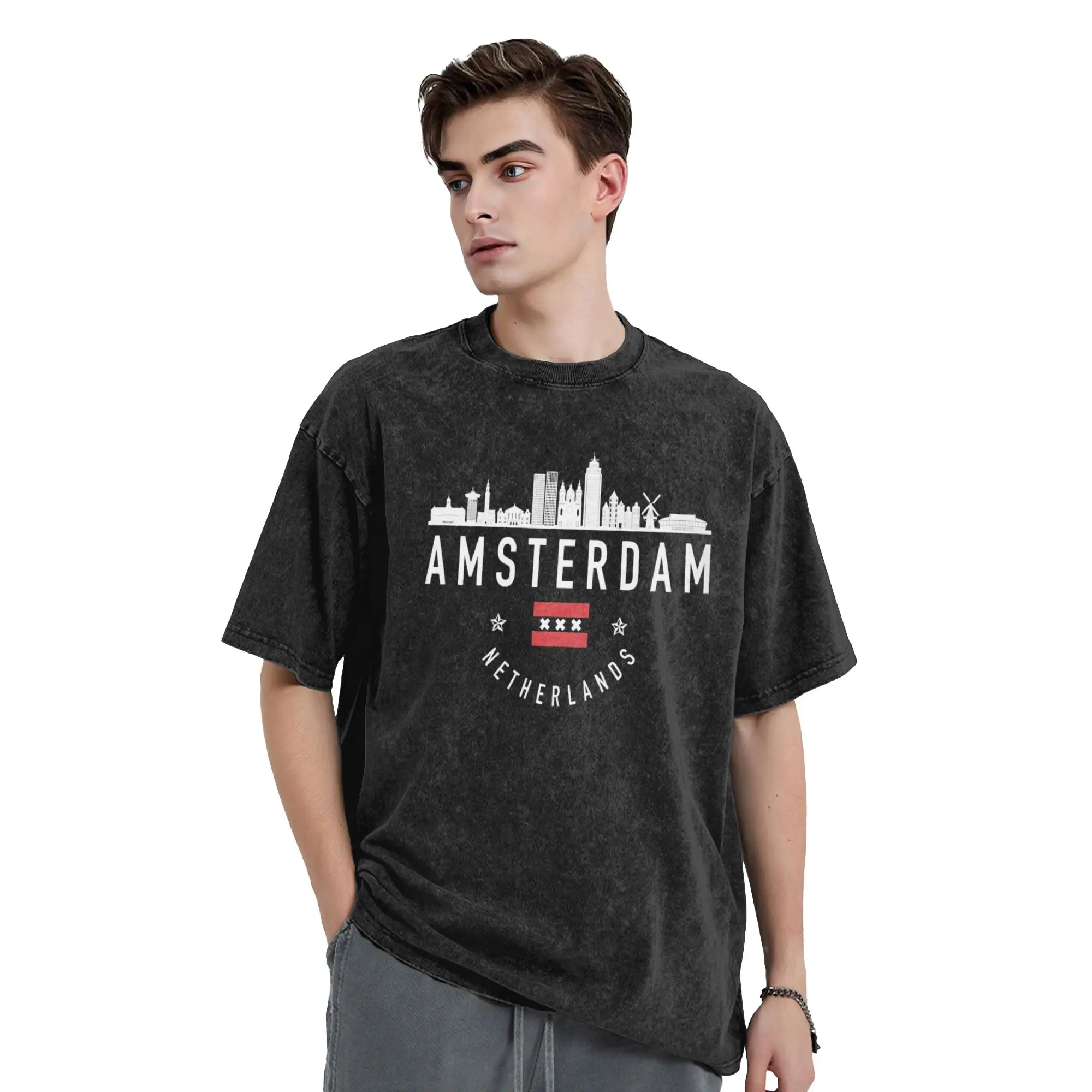 Men Women T Shirt Amsterdam Netherlands City Washed T-Shirts Harajuku  Summer Tee Shirt Streetwear Casual Tops Birthday Present