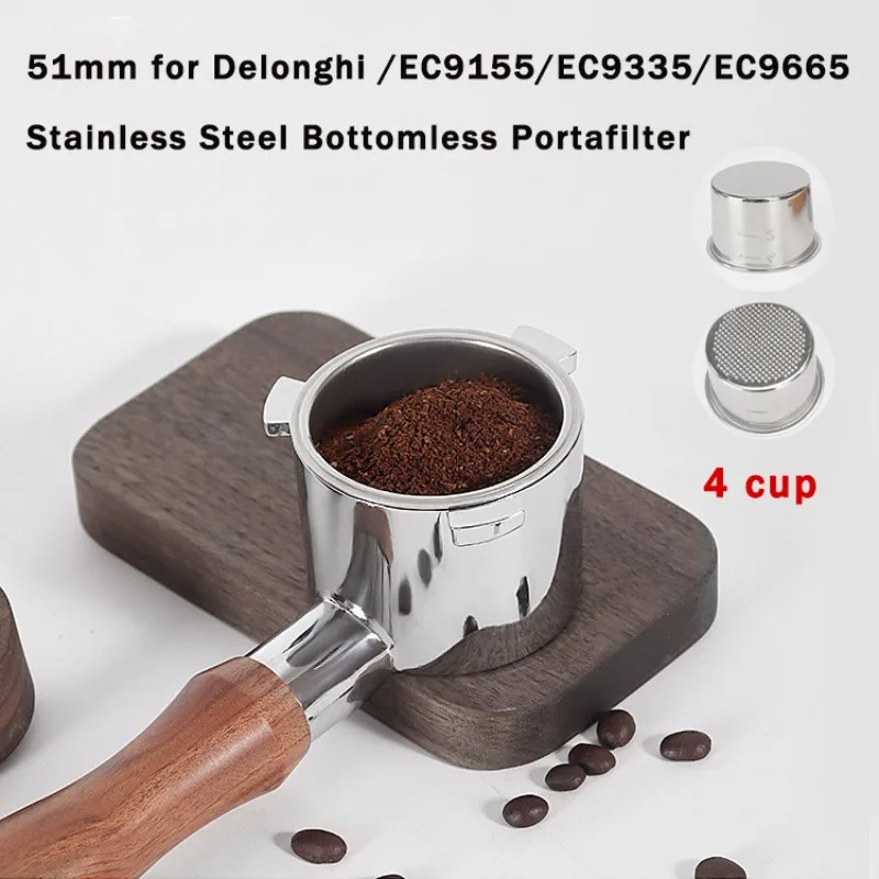 51mm Stainless Steel Bottomless Portafilter for Delonghi EC9335/9665/9155 Coffee Machine 4 Cup Handle Filter Barista Accessories