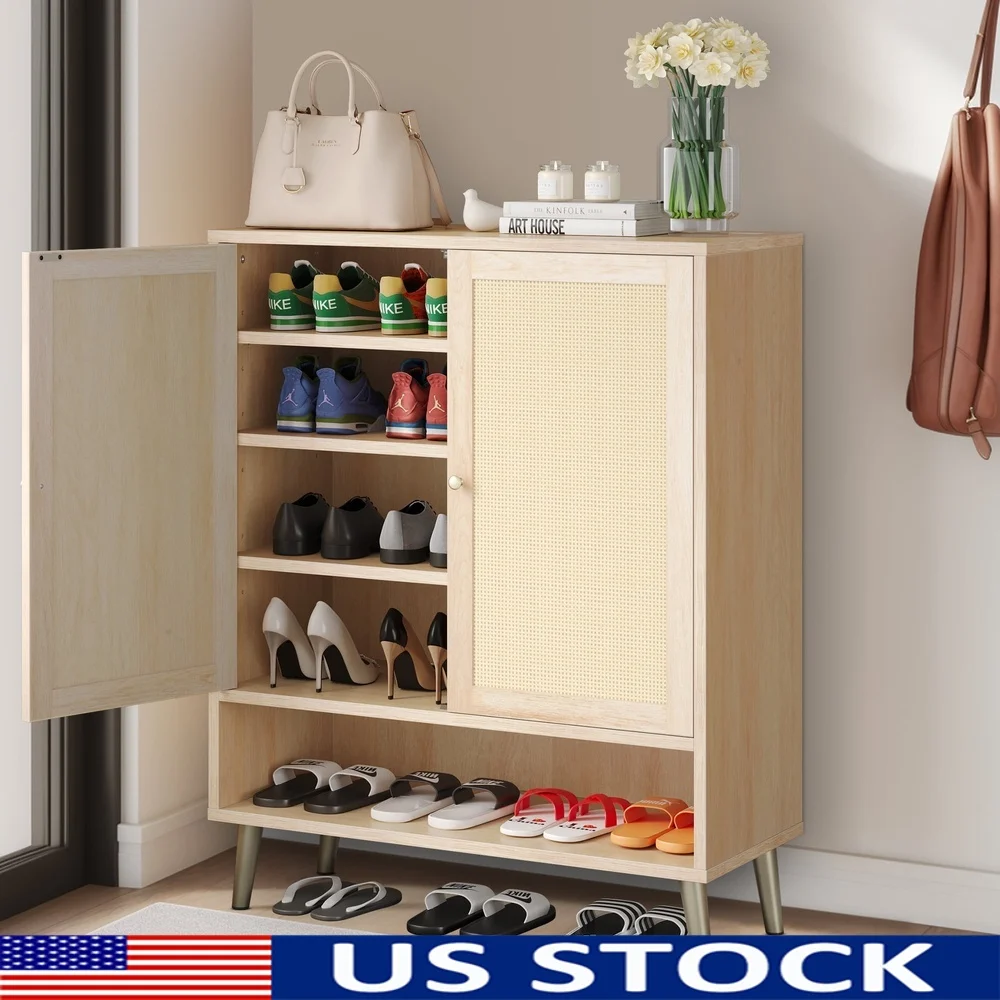 

Современный 5-уровневый шкаф для хранения обуви с дверцами из ротанга, регулируемые полки, отдельно стоящая деревянная полка для обуви, органайзер для домашнего использования