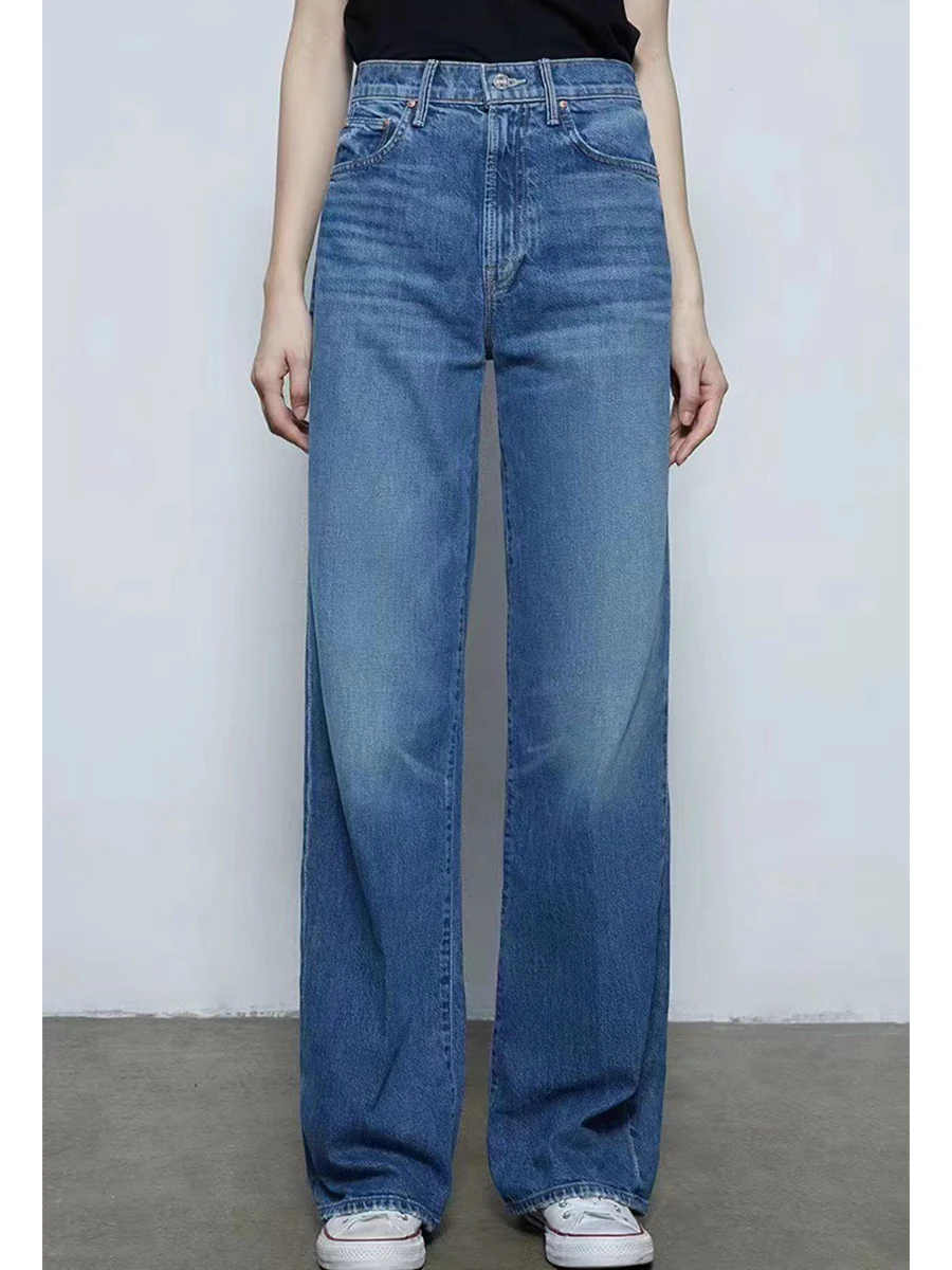 

Прямые джинсы с высокой талией, женские весенне-летние темно-синие повседневные широкие брюки длиной до пола, универсальные джинсы с высокой талией