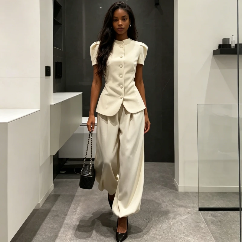 

Women Jacket Short Sleeve Pant Pant Sets Solid Button Up Tops Loose Long Pant Tracksuit Set Outfit Elastic Waist Y2k 2026 Summer