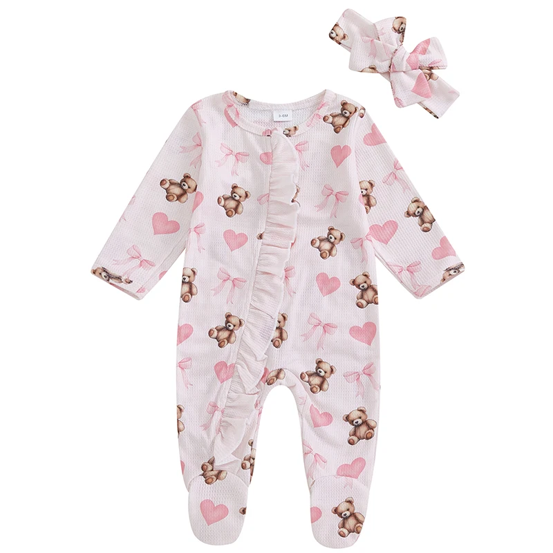 Newborn Coming Home Clothes Baby Girl Valentines Day Footies Romper Long Sleeve Zipper Ruffle Jumpsuit With Headband