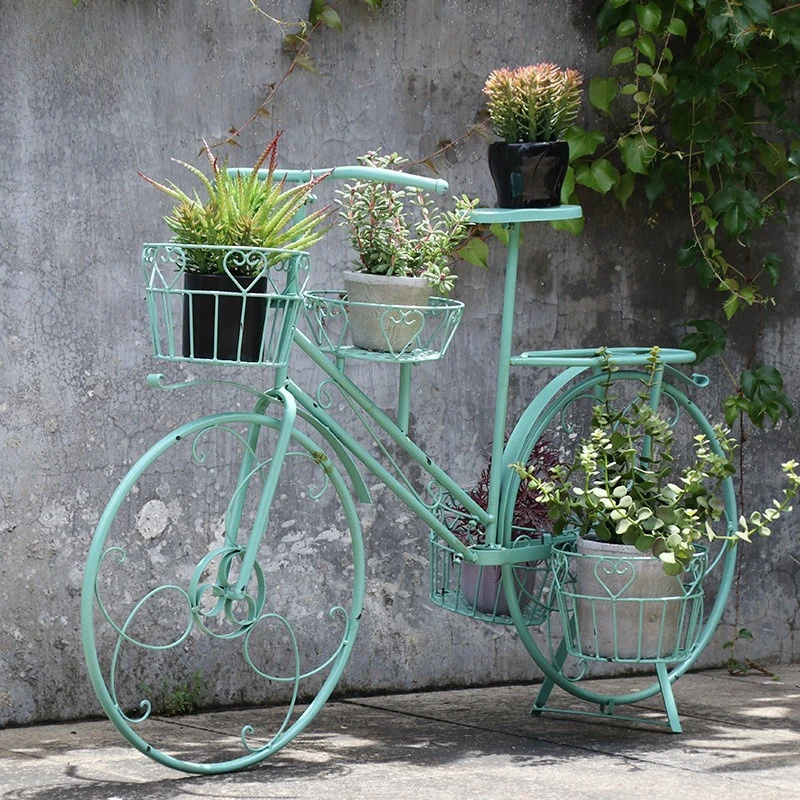 Retro Bicycle Shaped Flower Stand Ornate Iron Garden Decor Artistic Balcony Planter Display Vintage Style Patio Shelf Detachable image 3