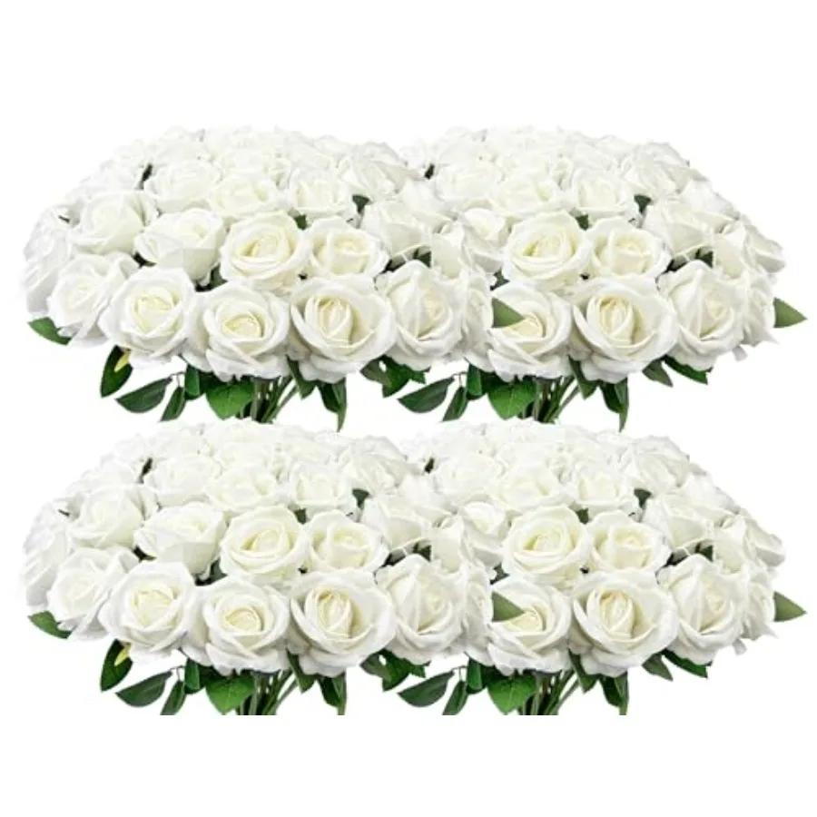 

Bulk Artificial Flowers 100 PCS, Fake Velvet Silk White Roses with Long Stems Realistic Bouquet for Wedding Centerpieces, Faux
