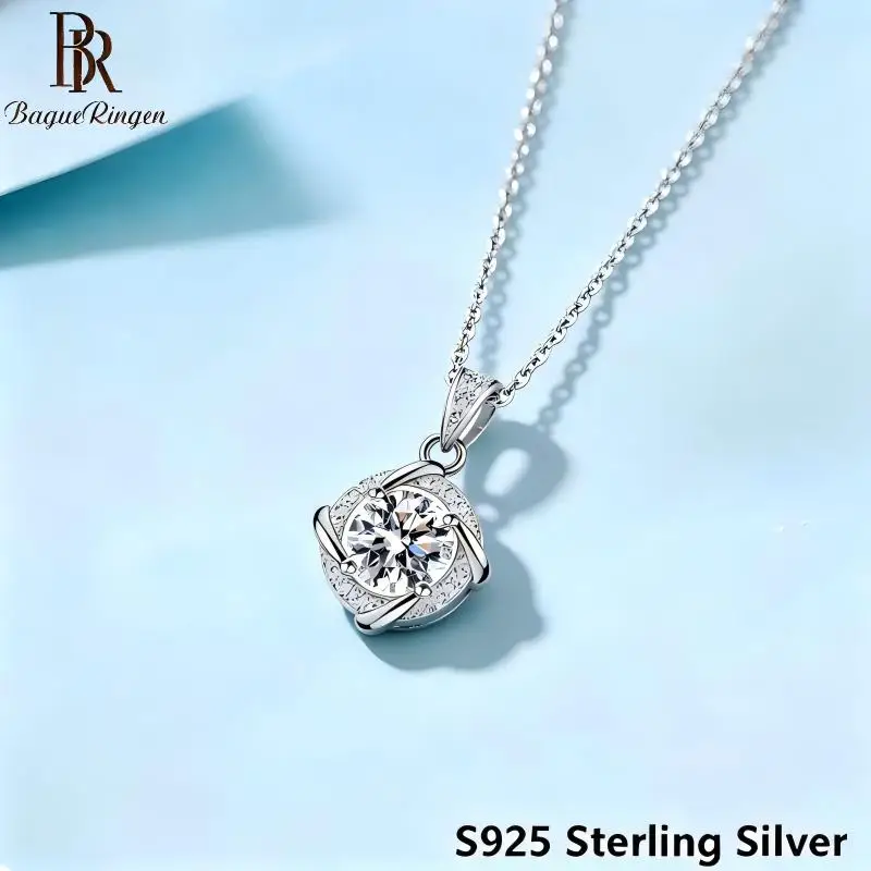 BR 6.5mm Cross Prong Halo Solitaire Moissanite Pendant Necklace S925 Sterling Silver For Women