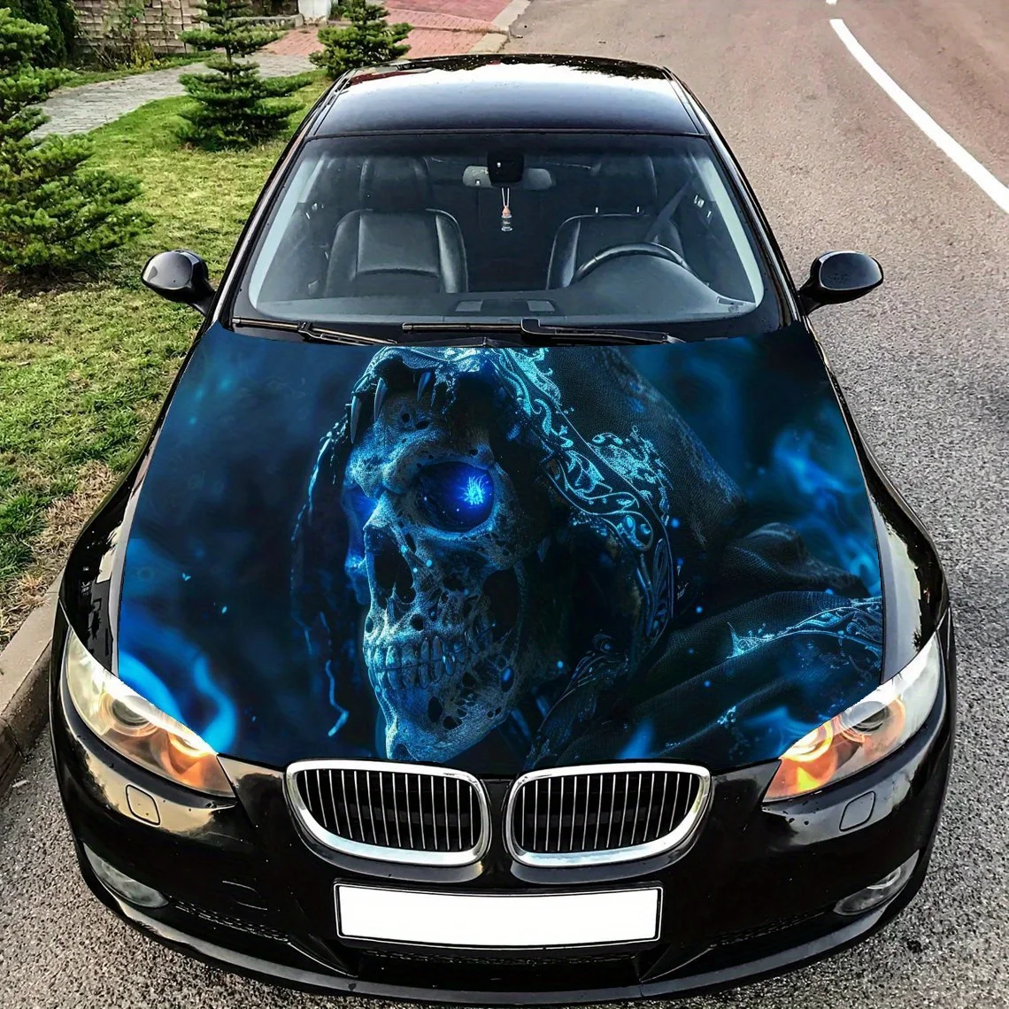 

Синеглазый череп с капюшоном, наклейка на капот автомобиля, самоклеящаяся наклейка на капот из ПВХ, декор, устойчивая к царапинам наклейка, защита, автомобильные аксессуары