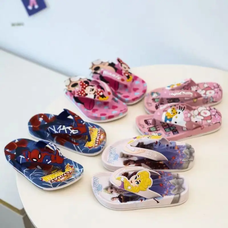 Summer Children Slippers Baby Boy Girl Cartoon Spiderman Mickey Frozen Elsa Print Cute Soft Flip Flop Kid Beach Wear Shoes 24-35