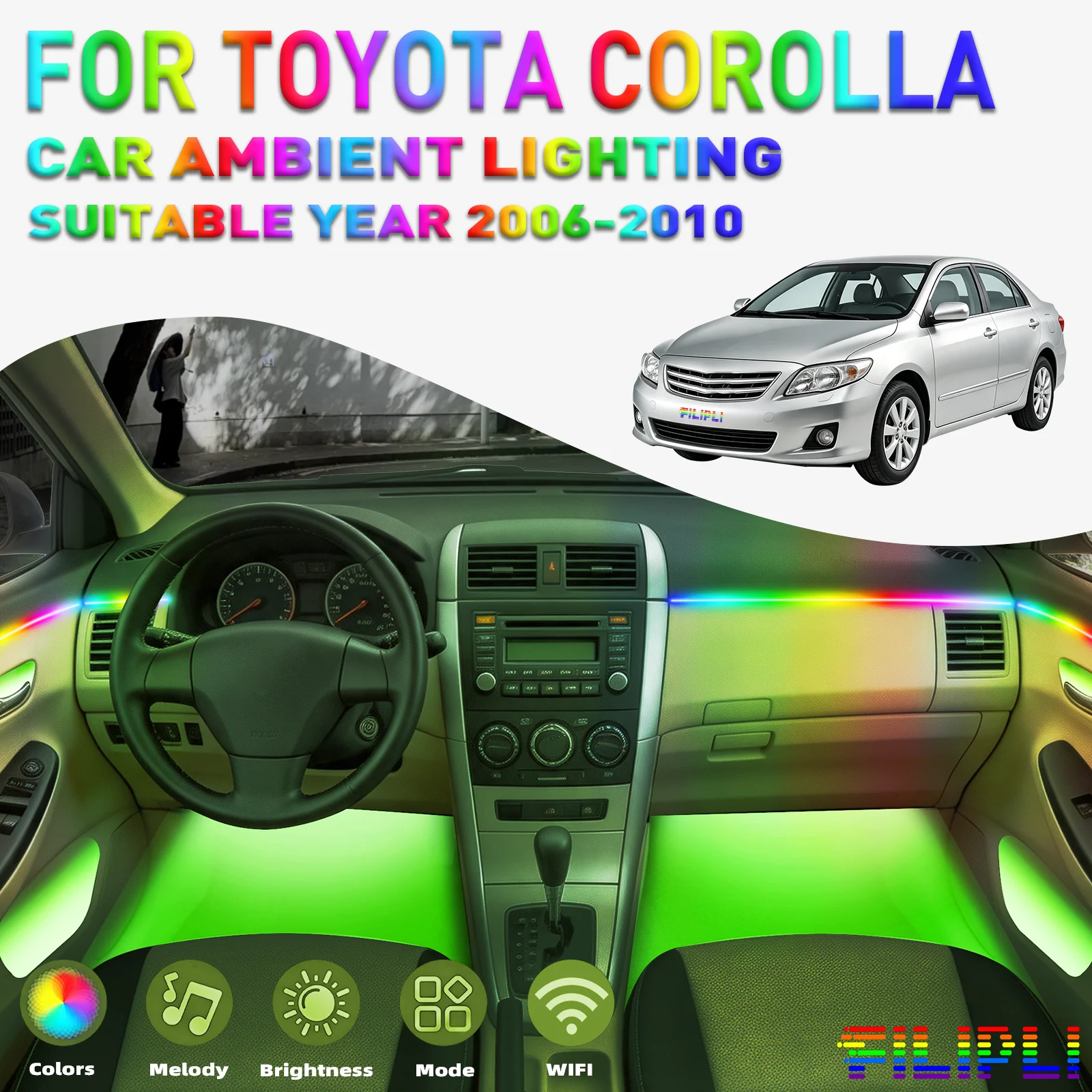 For TOYOTA COROLLA 2006-2010 CAR AMBIENT LIGHTING colorful 18 Lights Kit 256 Colors Iridescent 18 in 1 LED Interior Hidden Acrylic Strip Symphony Atmosphere Lamp Neon Acrylic Light Strip Lighting and Decorative Lamps Long Standby Car Decorative Light