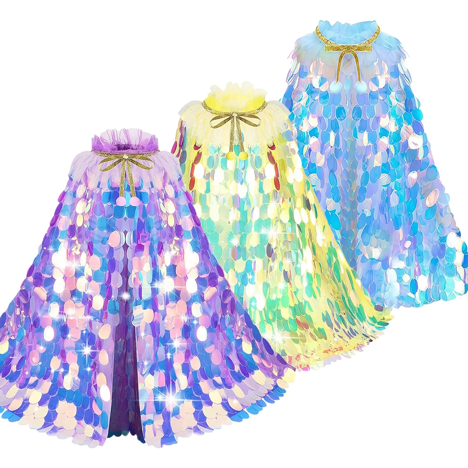 

Костюм на Хэллоуин для девочек, карнавальный наряд на день рождения, накидка принцессы-русалки, одежда для маленьких девочек, детский плащ с пайетками в стиле русалки