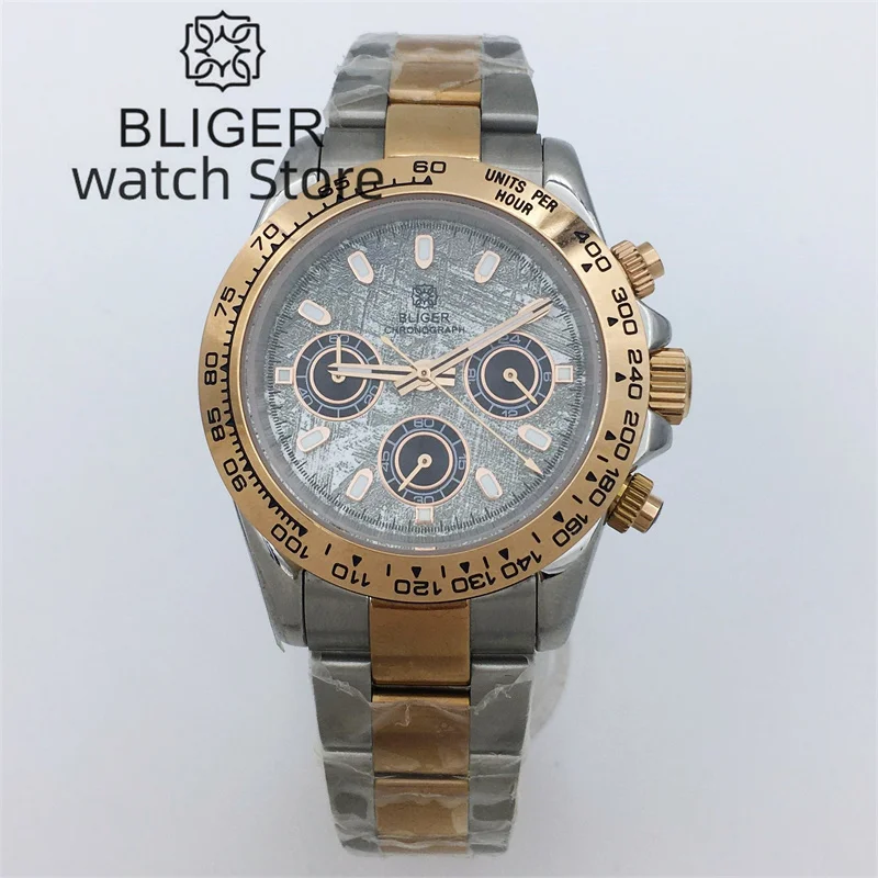 BLIGER 39mm Silver Rose Gold Luxury Watch For Men VK63 Movement Quartz Run Second Chronograph Sapphire Glass Luminous Index