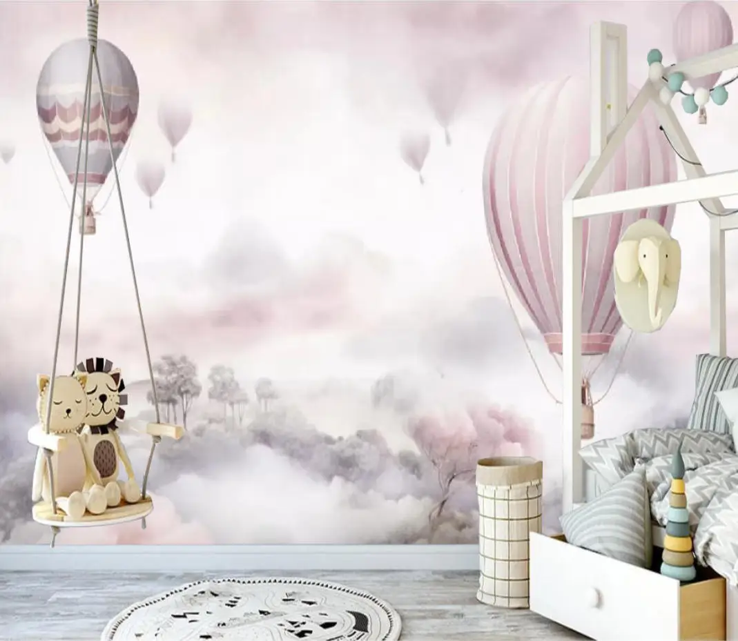 Customized wallpaper Sky White Cloud Cartoon Hot Air Balloon Geometric Mountains Children's Room interior background wallpaper