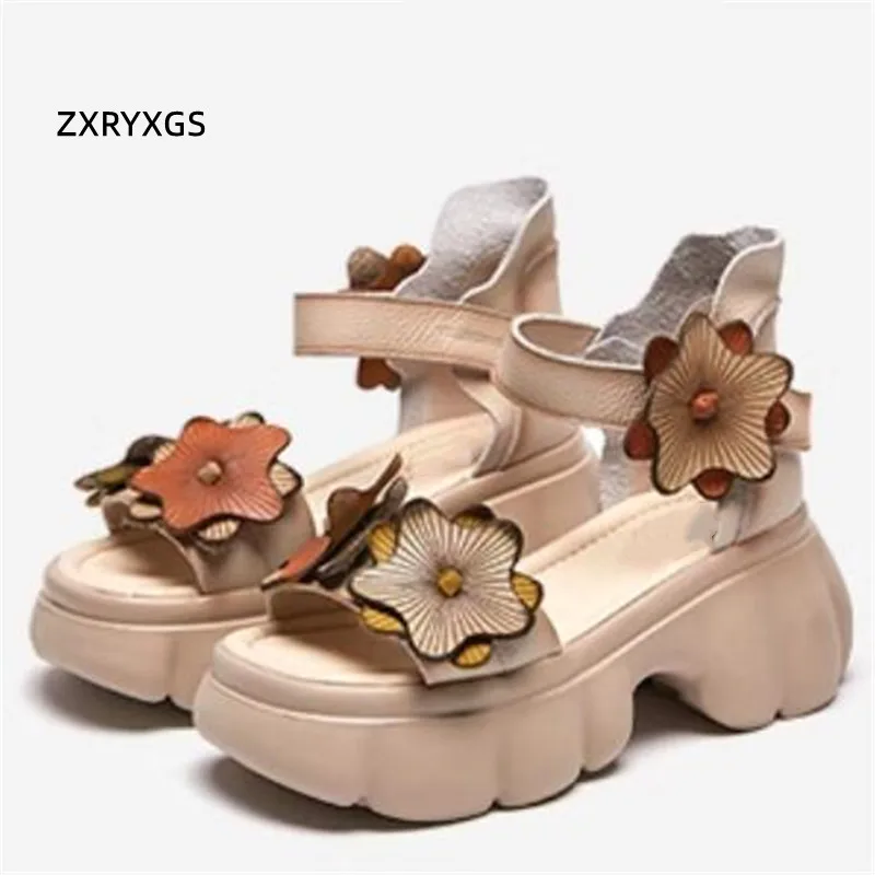 ZXRYXGS Head Layer Cowhide Classic Flowers Sandals Fashionable Shoes 2024 Summer Comfort Thick Soled High Heels Women\'s Sandals