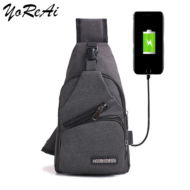 YoReAi Men Canvas Chest Bag Shoulder Bag Usb Charging Messenger Bag School Summer Short Trip Anti-theft Bag 2022 New Fashion