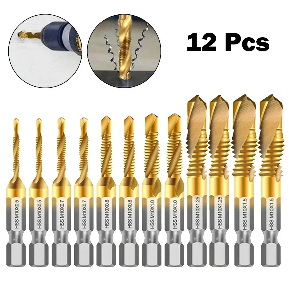 12pcs Tap Drill Bit Set Hex Shank Titanium Plated HSS Screw Thread Bit Screw Machine Compound Tap For Metal Steel Wood Plastic