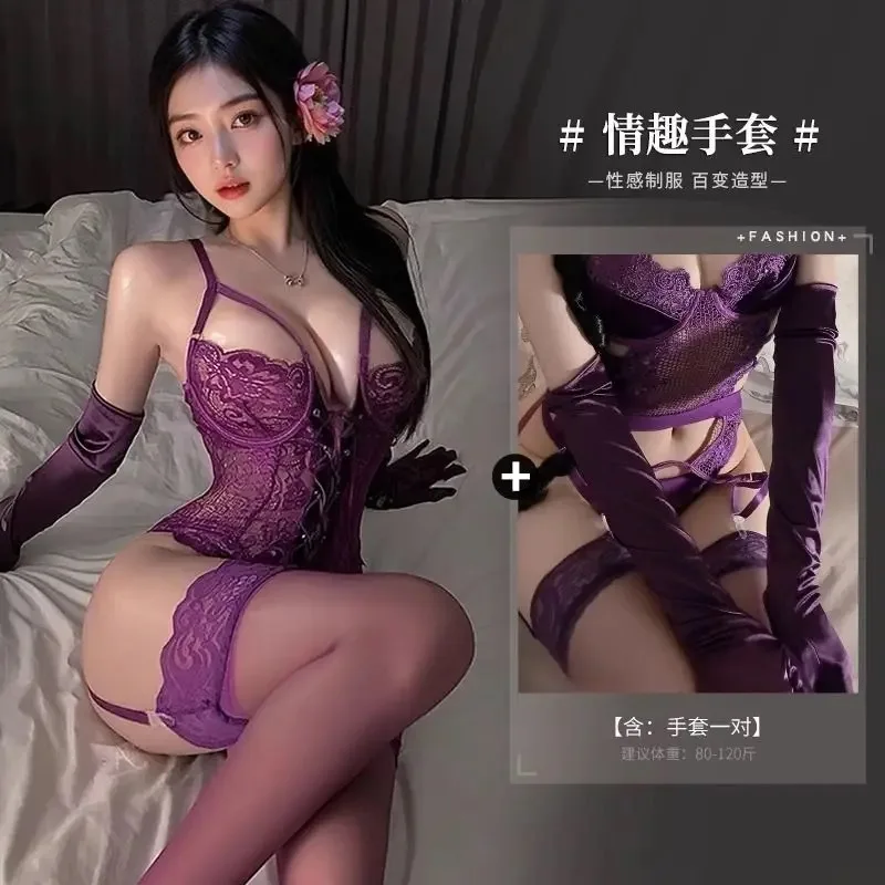 M-3XL Plus Size Women's Lace Up Lingerie Hollow Out Underwire Corset Onesie Sexy Lace Sheer Teddy Bodysuit with Gloves Stockings - Image 3