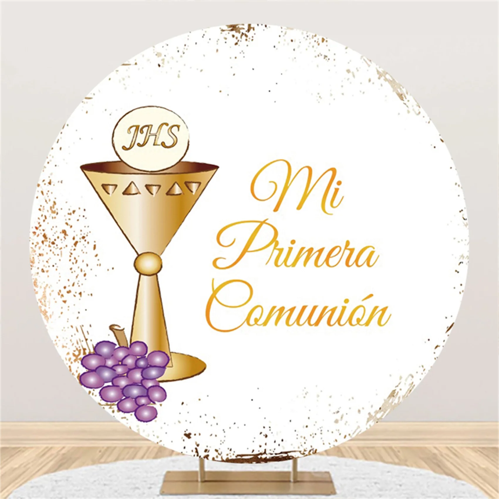 خلفية مستديرة بالتواصل الأول ، خلفية تصوير دائرة مخصصة ، الكأس المتقاطعة الذهبية ، تعميد الطفل الحمامة والتعميد ، صبي وفتاة