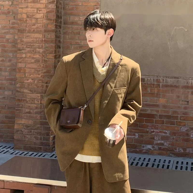 WVGA Spring Autumn New Men Tide Turn-Down Trendy Collar Blazer Niche Chic Casual Seven-point Pants Two Pieces Set Ins Y2K W19606