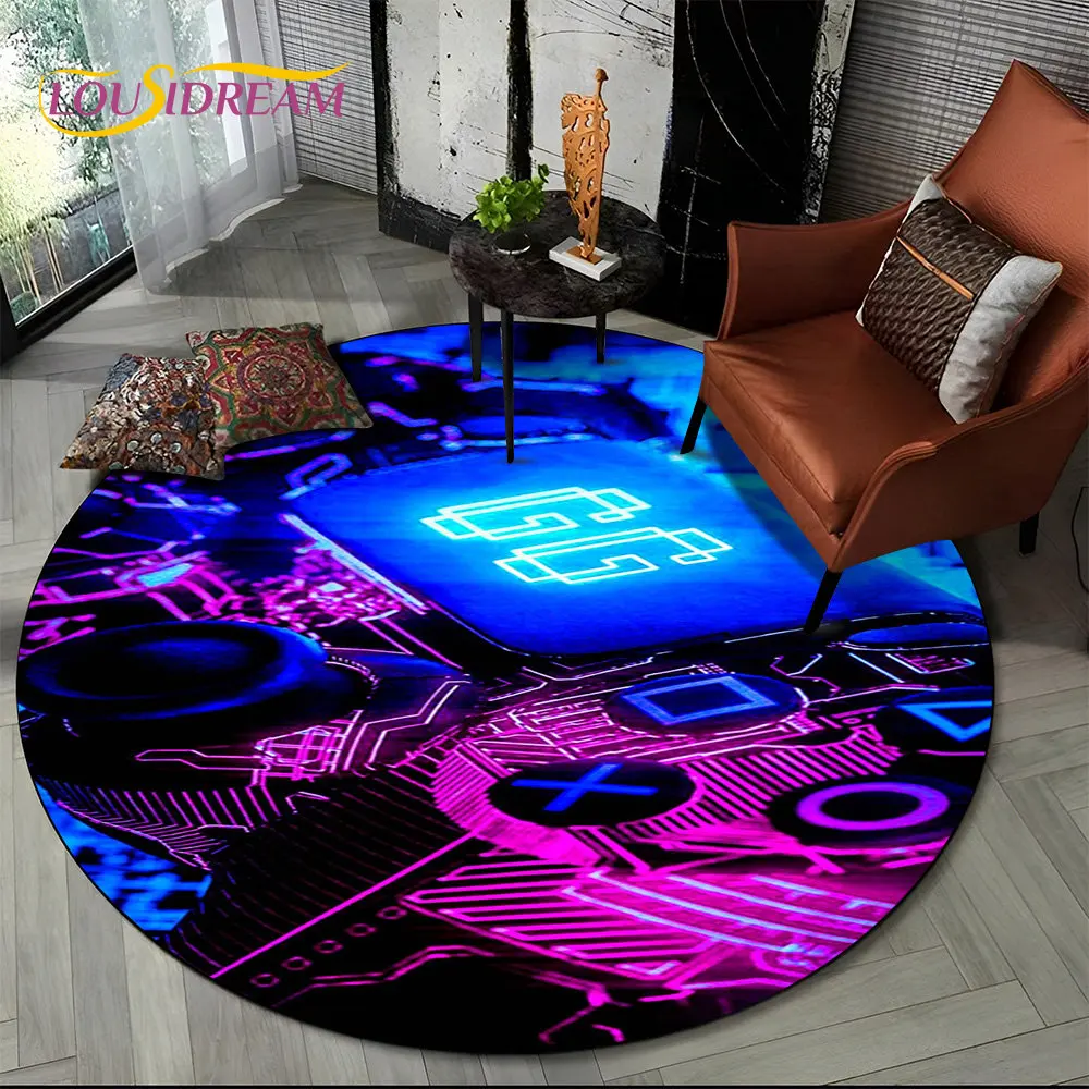 Cartoon Gamer Game Controller Round Area Rug,Circle Carpet Rug for Living Room Children\'s Bedroom Sofa Decor,Non-slip Floor Mat