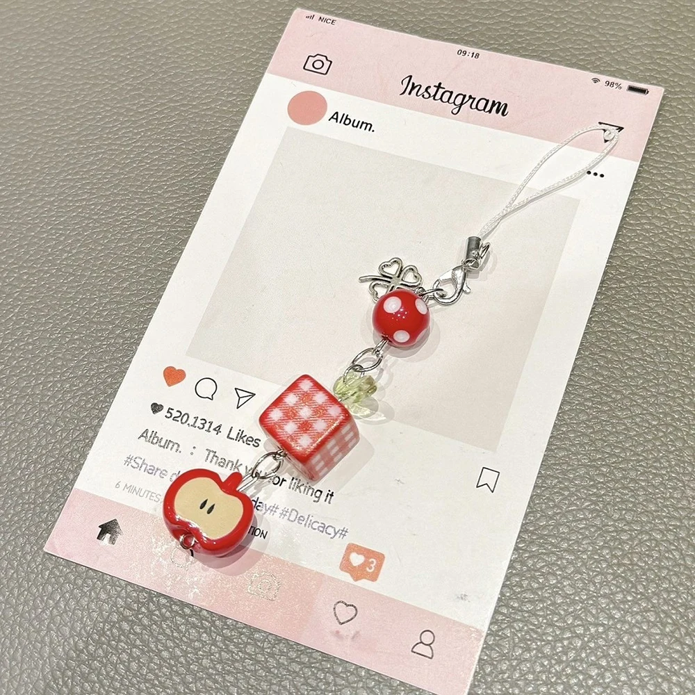 Christmas Red Apple Beaded Pendant Phone Chain For iPhone Keyring Strap Gift Girl Hanging Decor Keyring Cord Rope Lanyard Rope