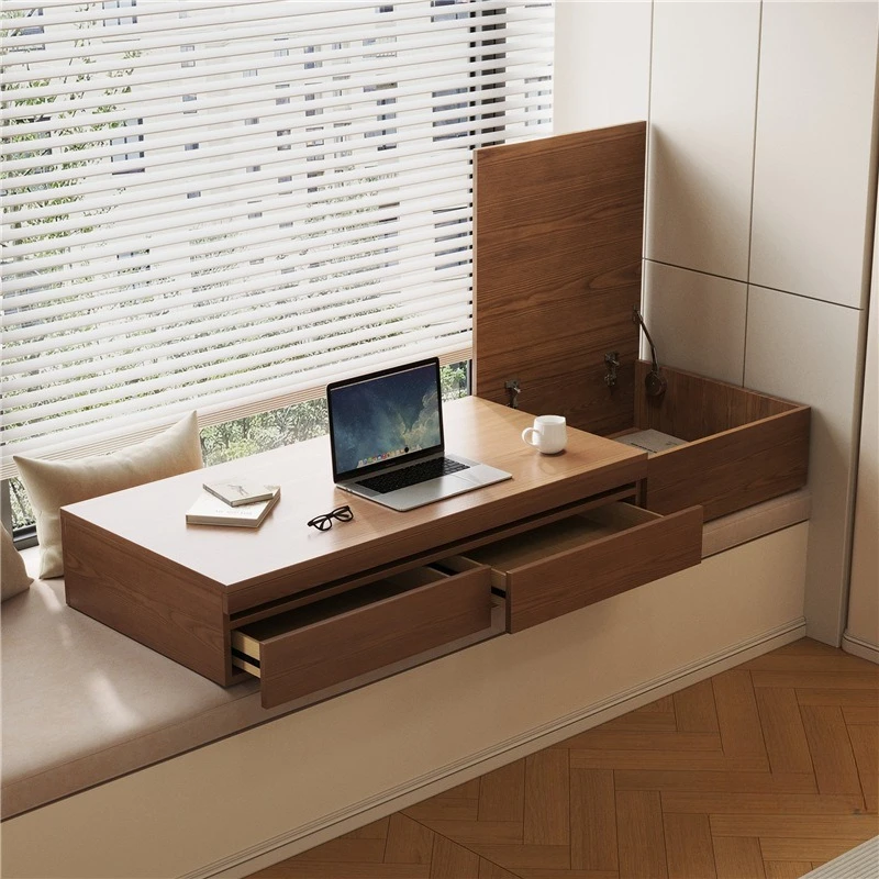 Solid wood bay window with a pull-out extendable renovated balcony study desk, hotel flip-top cabinet storage vanity table